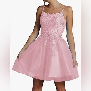 Vivymaku Light Pink Modest Lace Beaded Tulle Party Dress